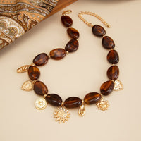 Thumbnail for Retro Heart Sun Pendant Amber Beaded Necklace Vintage Boho Statement - ArtGalleryZen