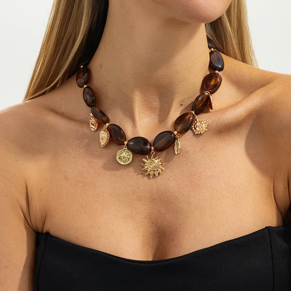 Retro Heart Sun Pendant Amber Beaded Necklace Vintage Boho Statement - ArtGalleryZen