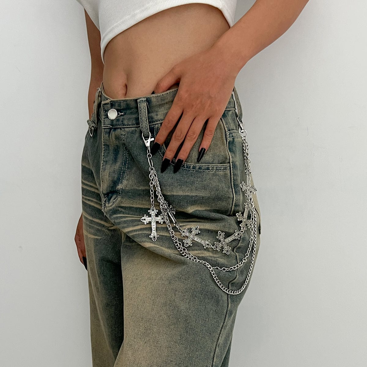 Retro Layered Carved Cross Pendant Trouser Chain - ArtGalleryZen