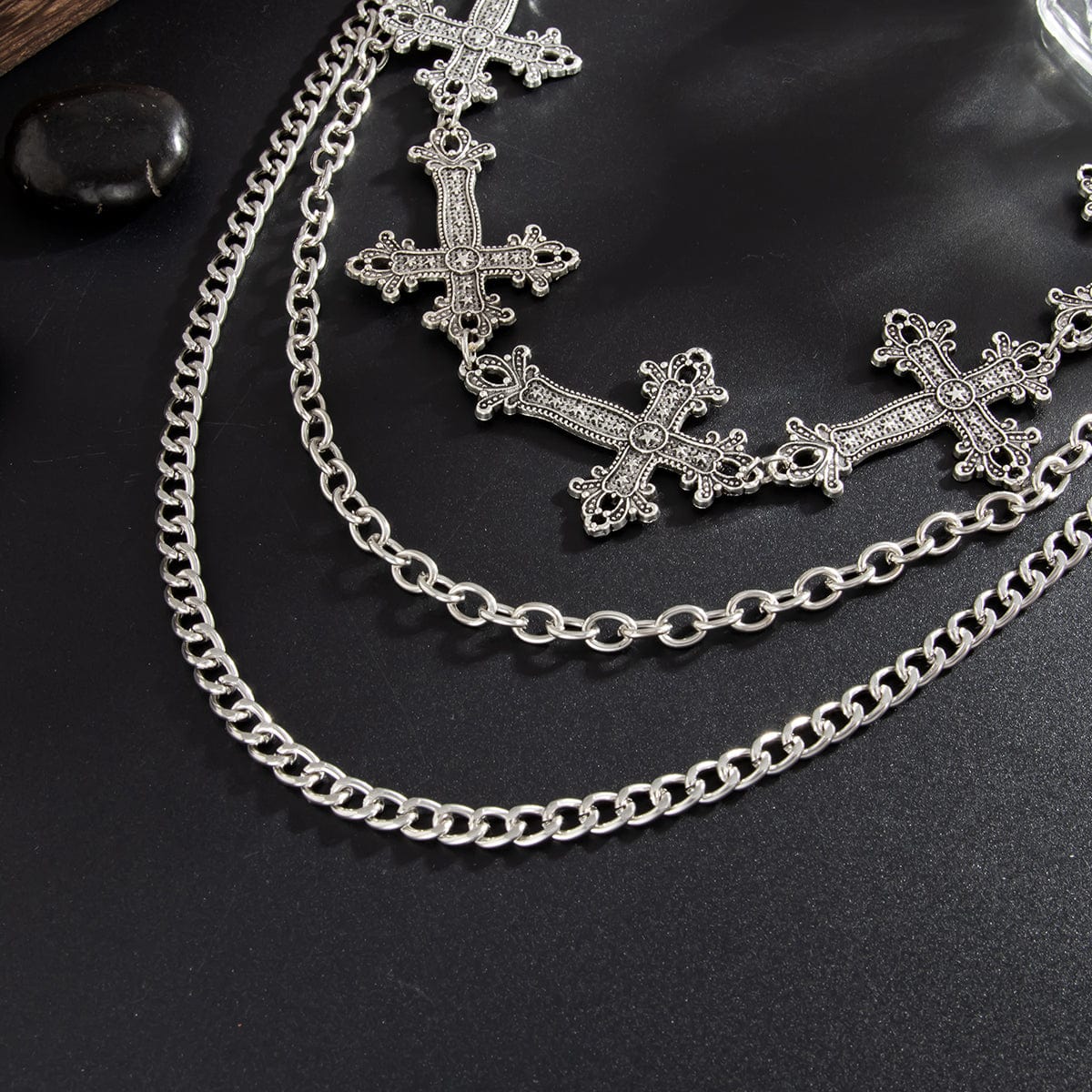 Retro Layered Carved Cross Pendant Trouser Chain - ArtGalleryZen