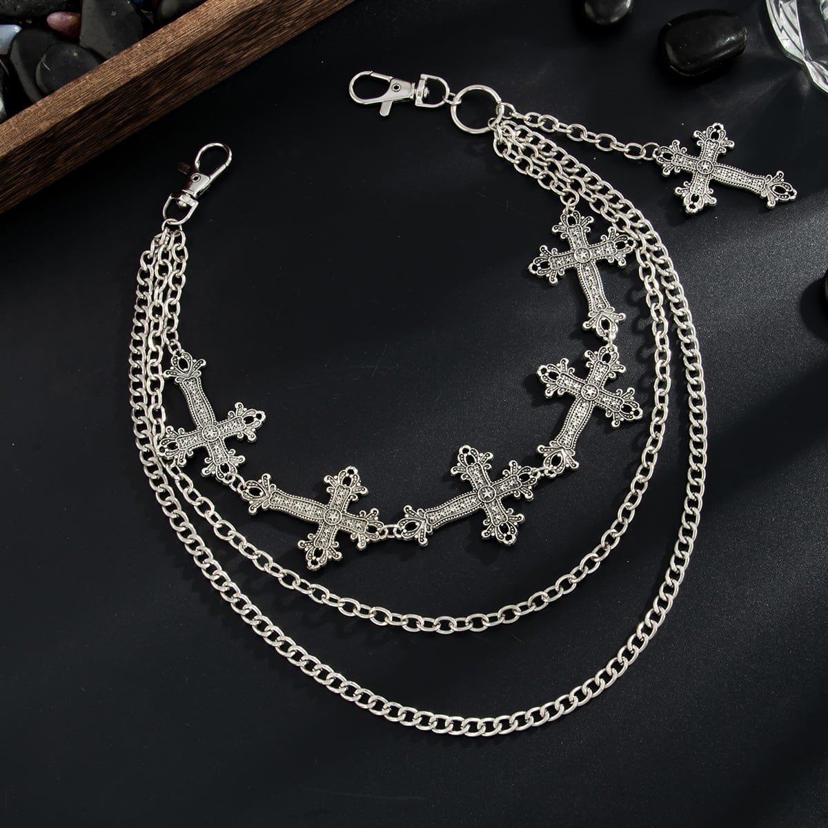 Retro Layered Carved Cross Pendant Trouser Chain - ArtGalleryZen
