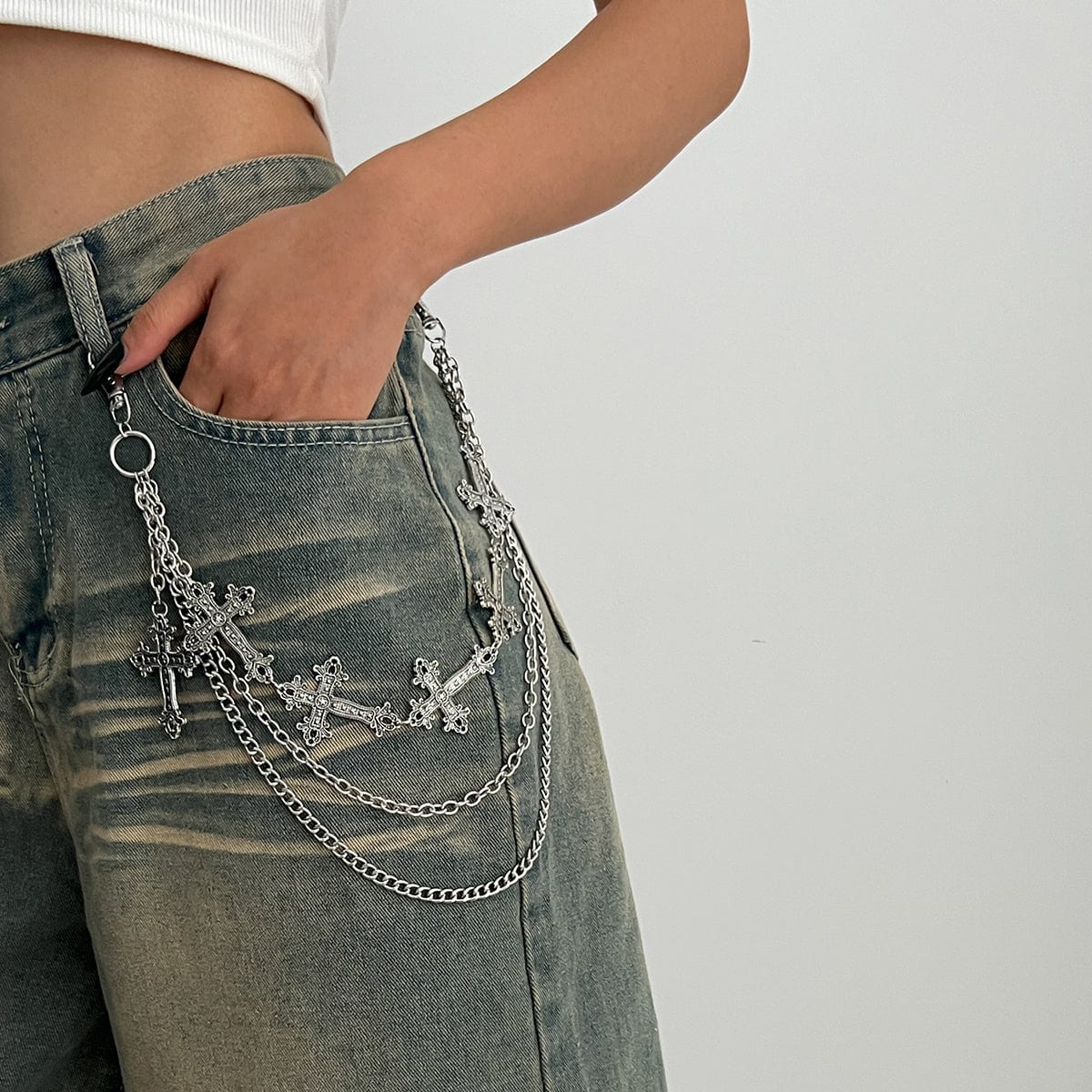 Retro Layered Carved Cross Pendant Trouser Chain - ArtGalleryZen