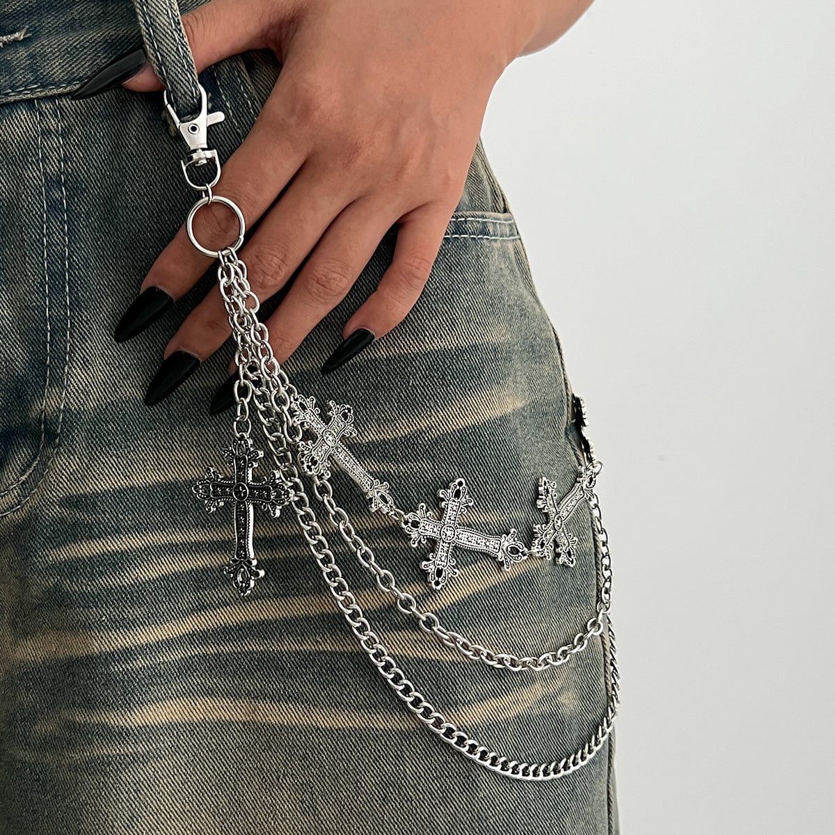 Retro Layered Carved Cross Pendant Trouser Chain - ArtGalleryZen
