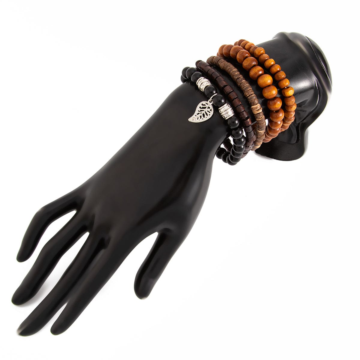 Retro Layered Feather Charm Coconut Shell Wood Beaded Chain Bracelet Set - ArtGalleryZen