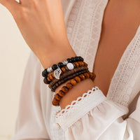 Thumbnail for Retro Layered Feather Charm Coconut Shell Wood Beaded Chain Bracelet Set - ArtGalleryZen