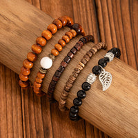 Thumbnail for Retro Layered Feather Charm Coconut Shell Wood Beaded Chain Bracelet Set - ArtGalleryZen