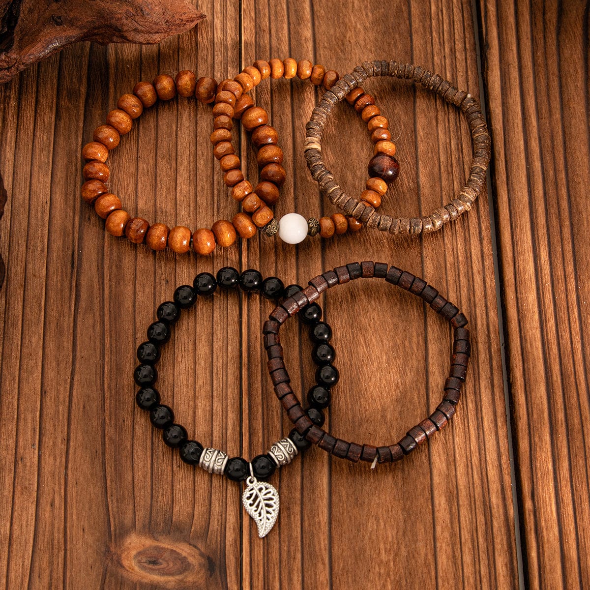 Retro Layered Feather Charm Coconut Shell Wood Beaded Chain Bracelet Set - ArtGalleryZen