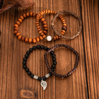 Thumbnail for Retro Layered Feather Charm Coconut Shell Wood Beaded Chain Bracelet Set - ArtGalleryZen