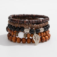 Thumbnail for Retro Layered Feather Charm Coconut Shell Wood Beaded Chain Bracelet Set - ArtGalleryZen
