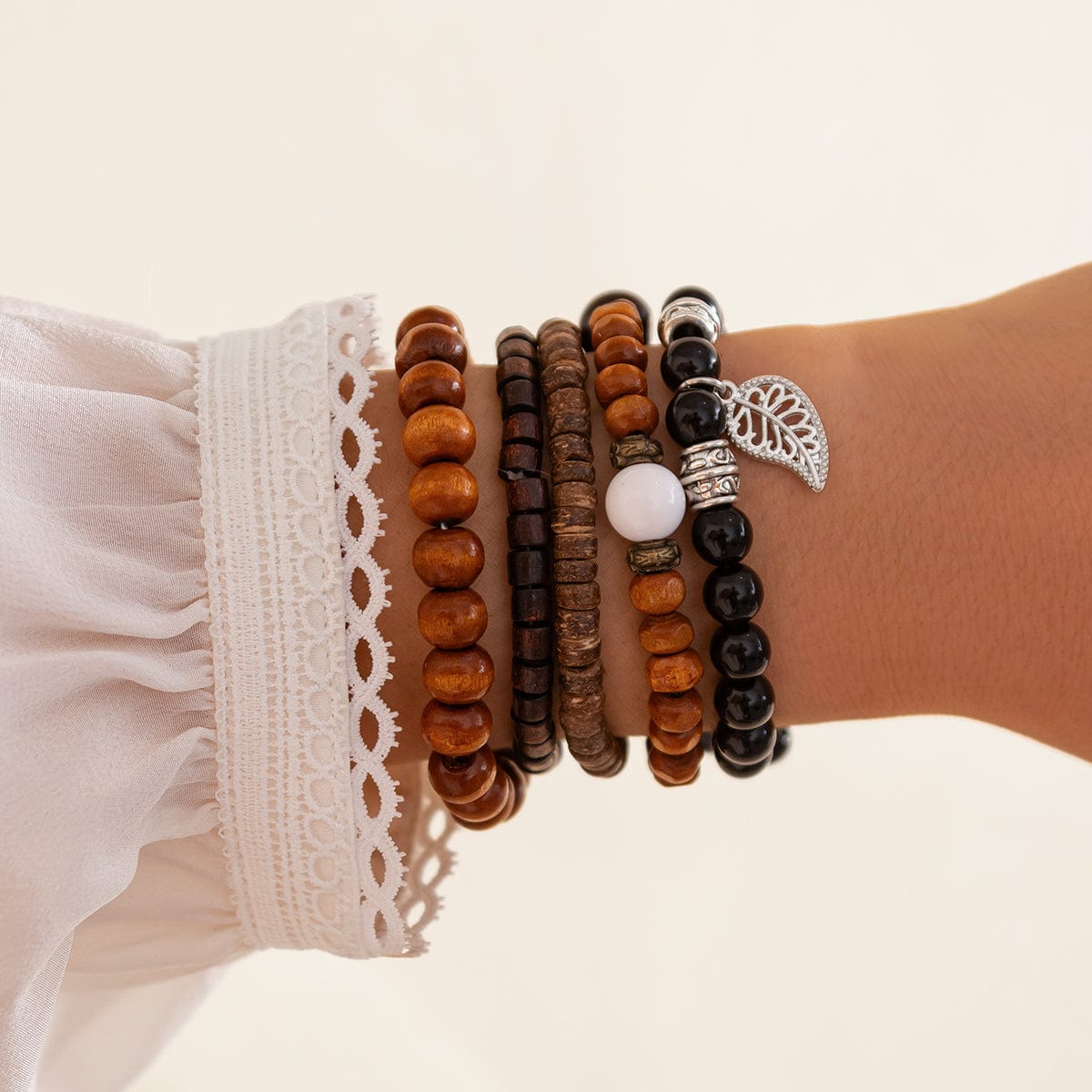 Retro Layered Feather Charm Coconut Shell Wood Beaded Chain Bracelet Set