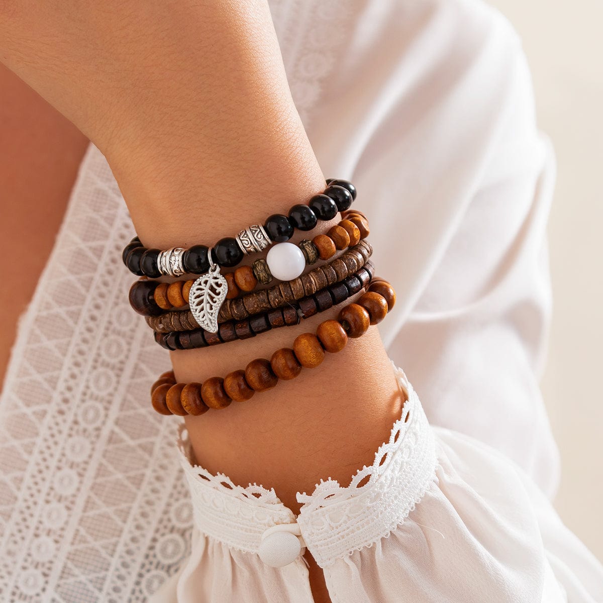 Retro Layered Feather Charm Coconut Shell Wood Beaded Chain Bracelet Set