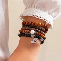 Thumbnail for Retro Layered Feather Charm Coconut Shell Wood Beaded Chain Bracelet Set