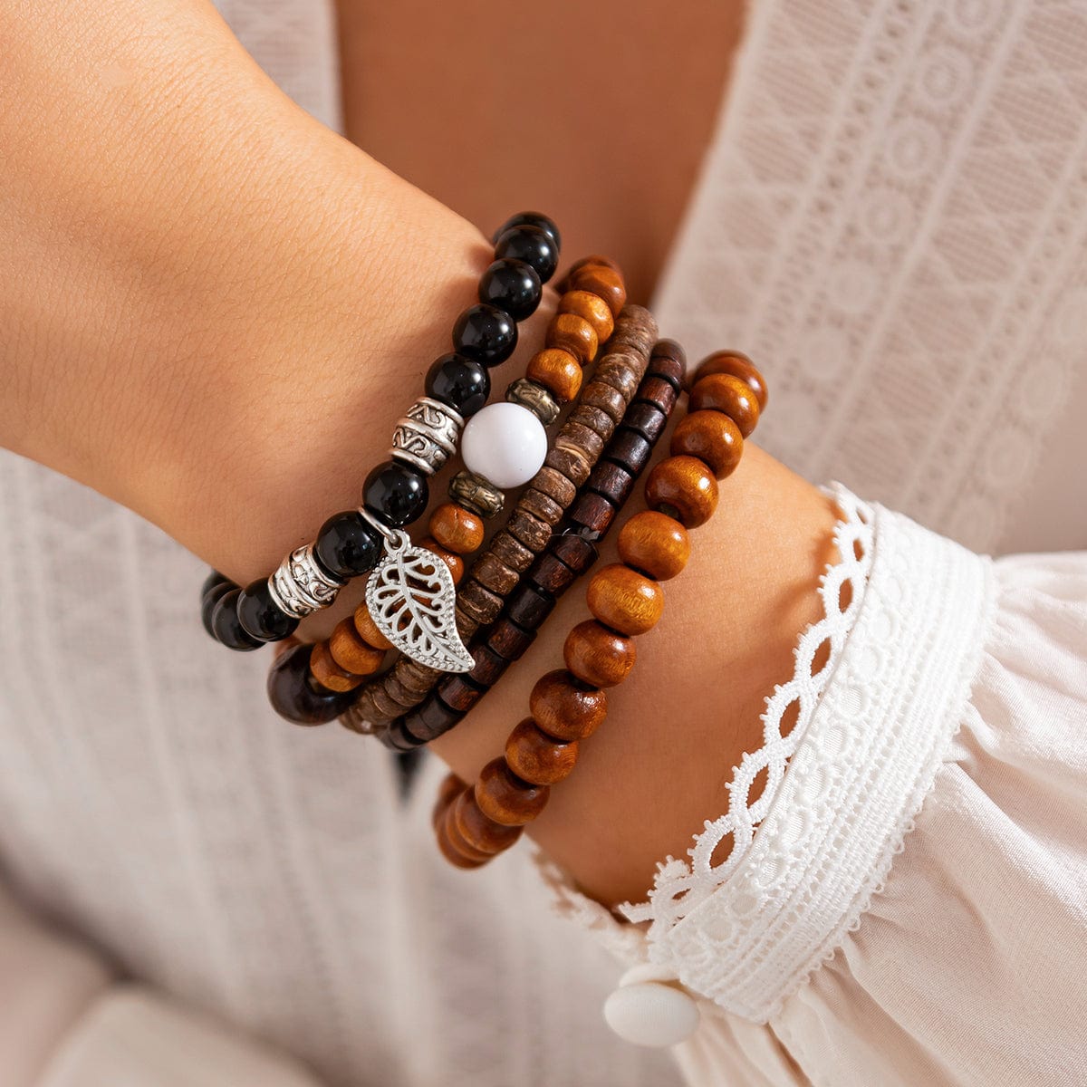 Retro Layered Feather Charm Coconut Shell Wood Beaded Chain Bracelet Set