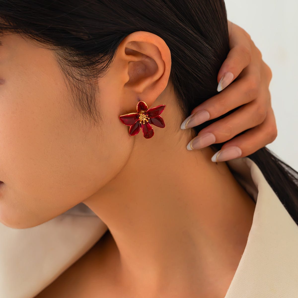 Retro Red Enamel Flower Stud Earrings