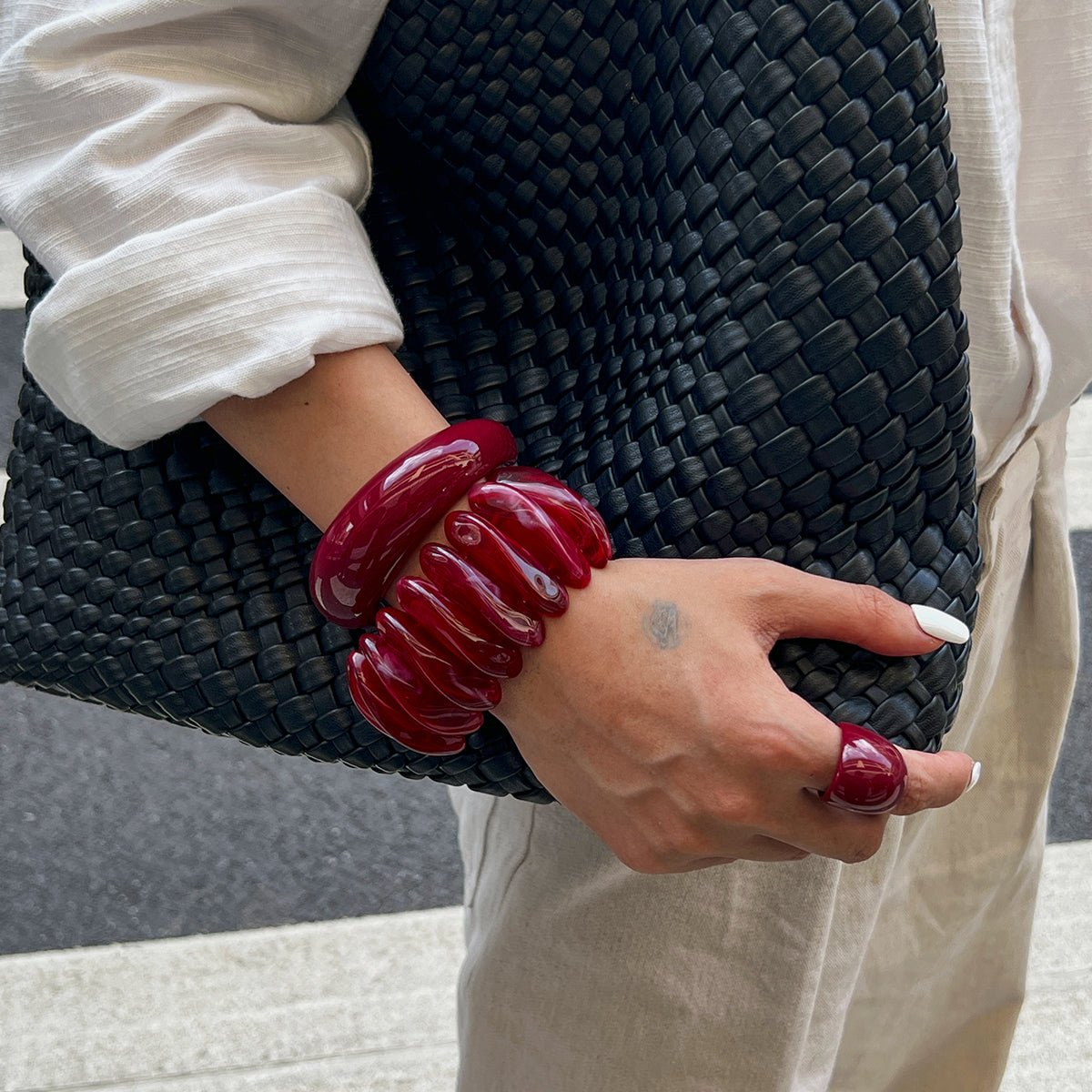 Retro Wine Red Irregular Bangle Bracelet Ring Set - ArtGalleryZen