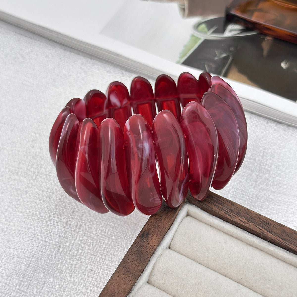 Retro Wine Red Irregular Bangle Bracelet Ring Set - ArtGalleryZen