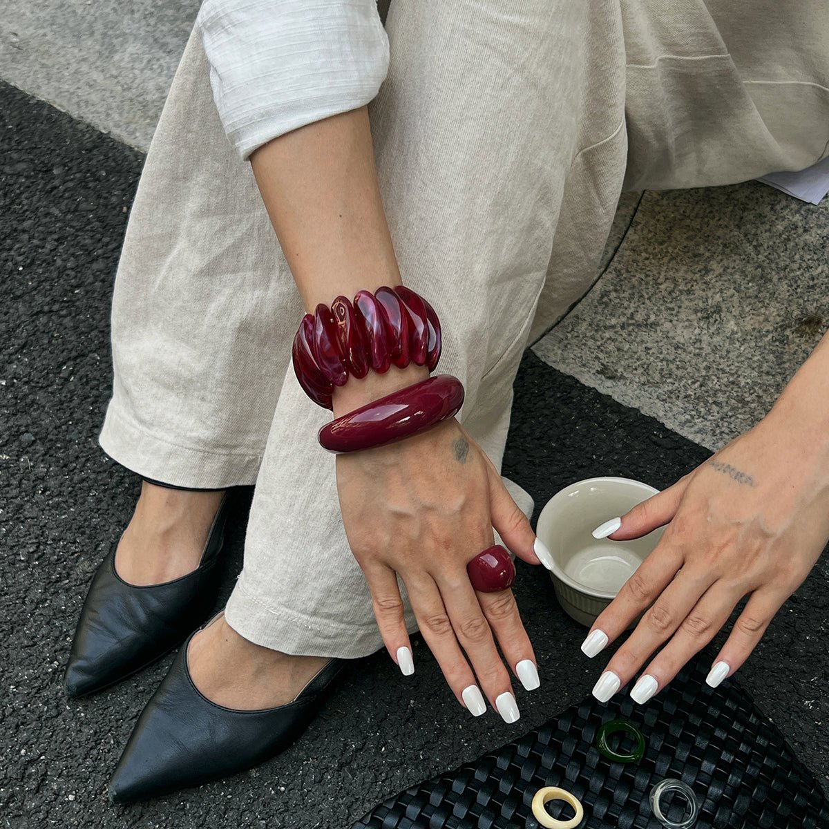 Retro Wine Red Irregular Bangle Bracelet Ring Set - ArtGalleryZen