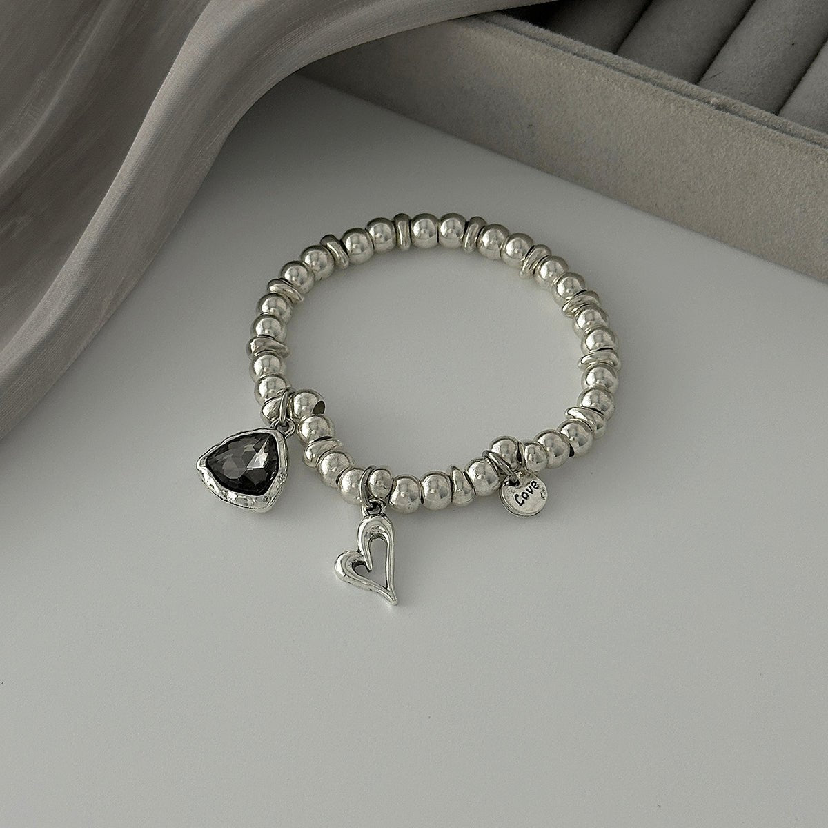 Rhinestone Love Heart Pendant Beaded Chain Bracelet Gift - ArtGalleryZen