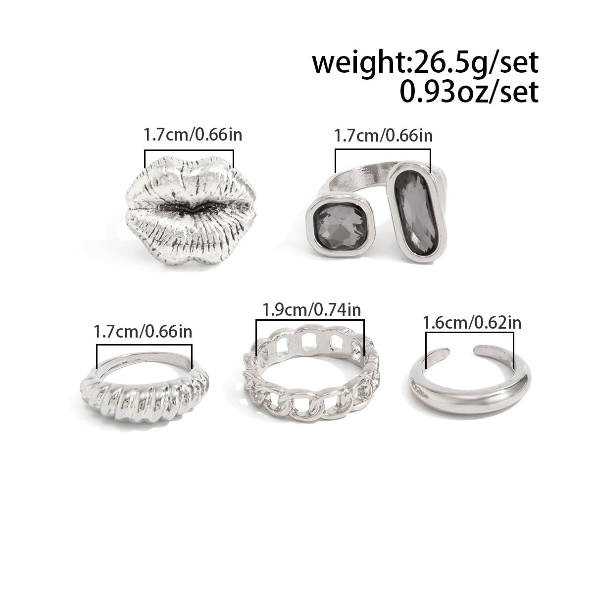 Rhinestone Ring Set 5pcs - Lip Hollow Twisted Statement Rings - ArtGalleryZen