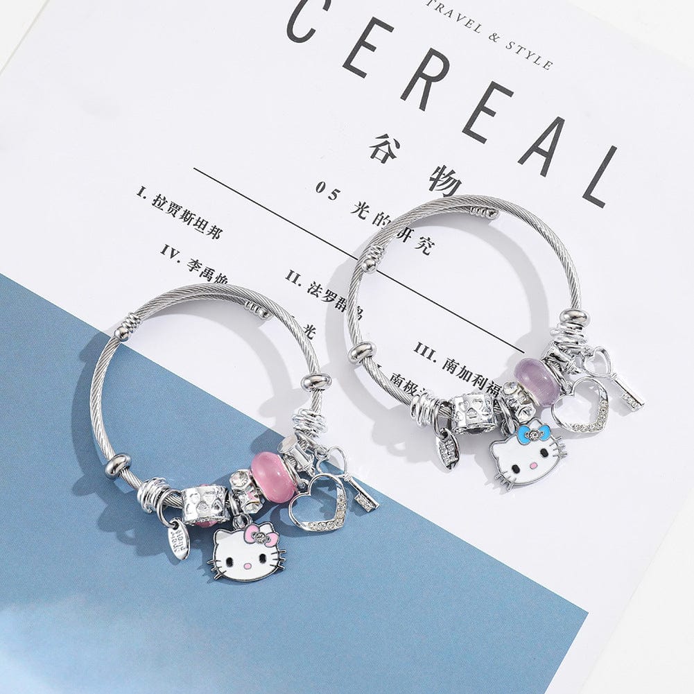 Sanrio CZ Inlaid Stainless Steel Hello Kitty Bangle Bracelet - Blue + Key Heart