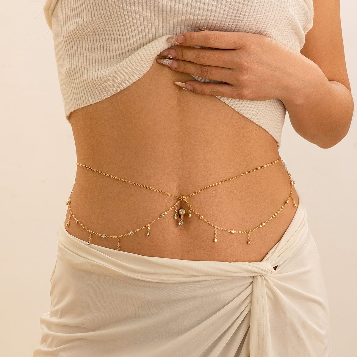 Shining Layered CZ Inlaid Tassel Navel Piercing Belly Chain - ArtGalleryZen