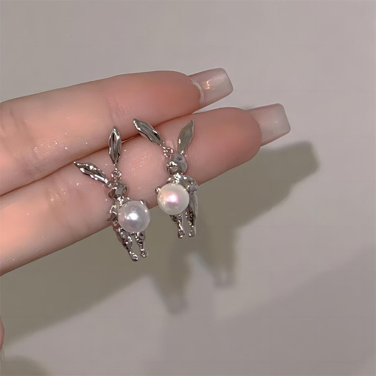 Silver Moon Light Rabbit Pearl Earrings - ArtGalleryZen