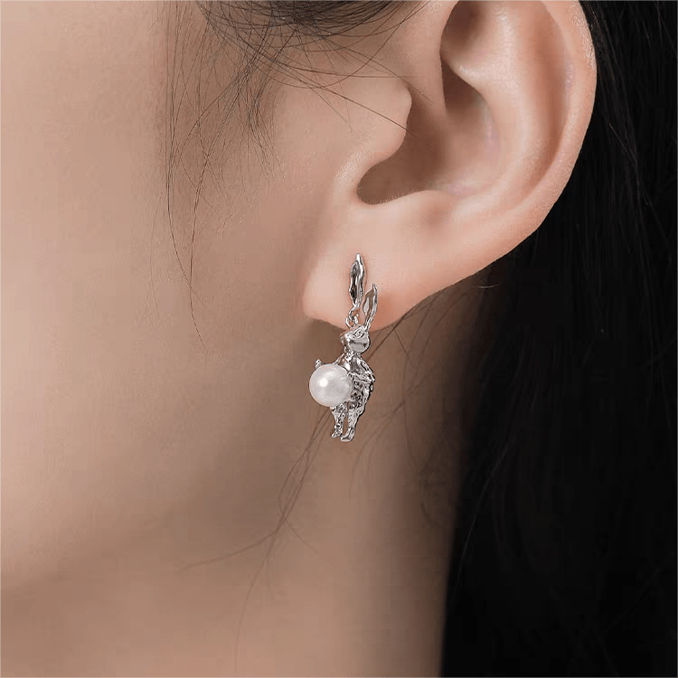 Silver Moon Light Rabbit Pearl Earrings - ArtGalleryZen