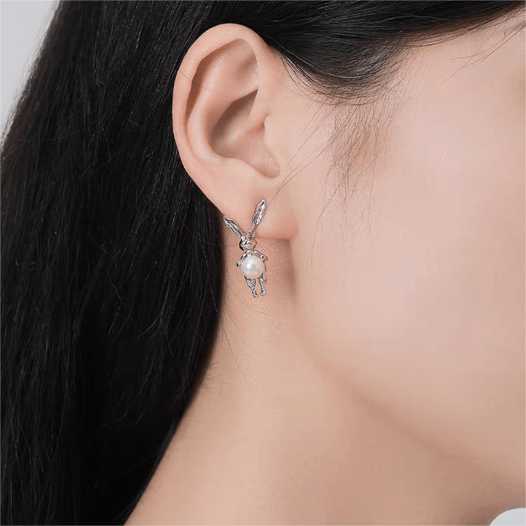 Silver Moon Light Rabbit Pearl Earrings - ArtGalleryZen
