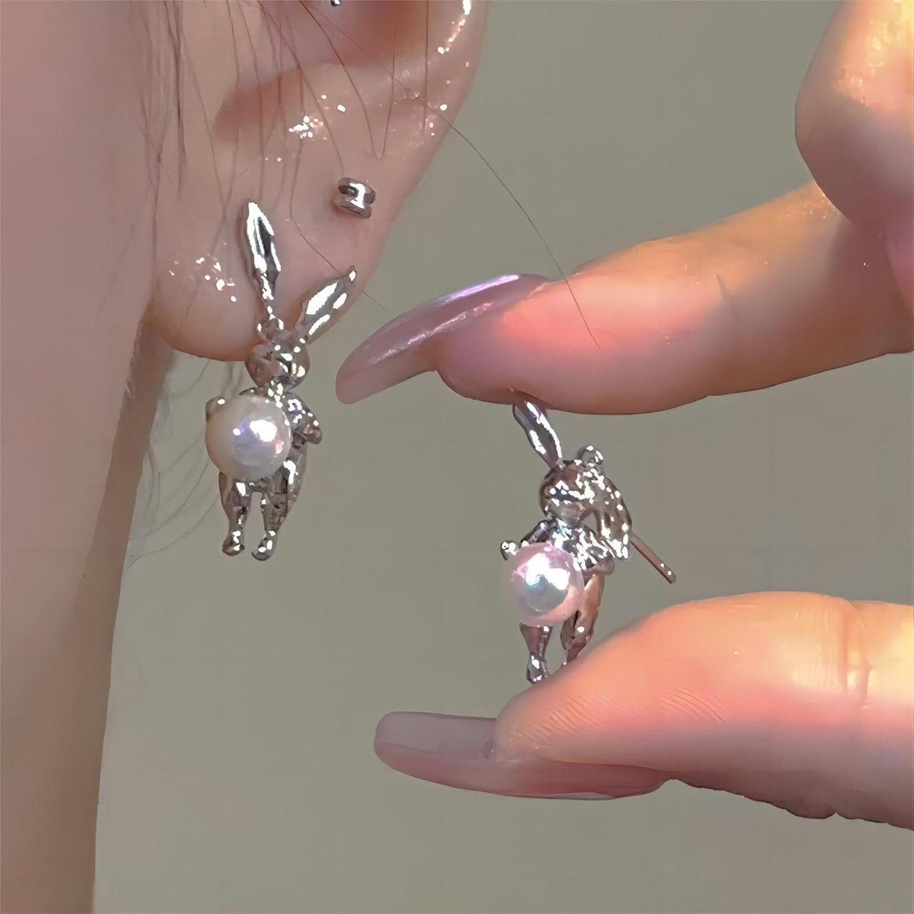 Silver Moon Light Rabbit Pearl Earrings - ArtGalleryZen