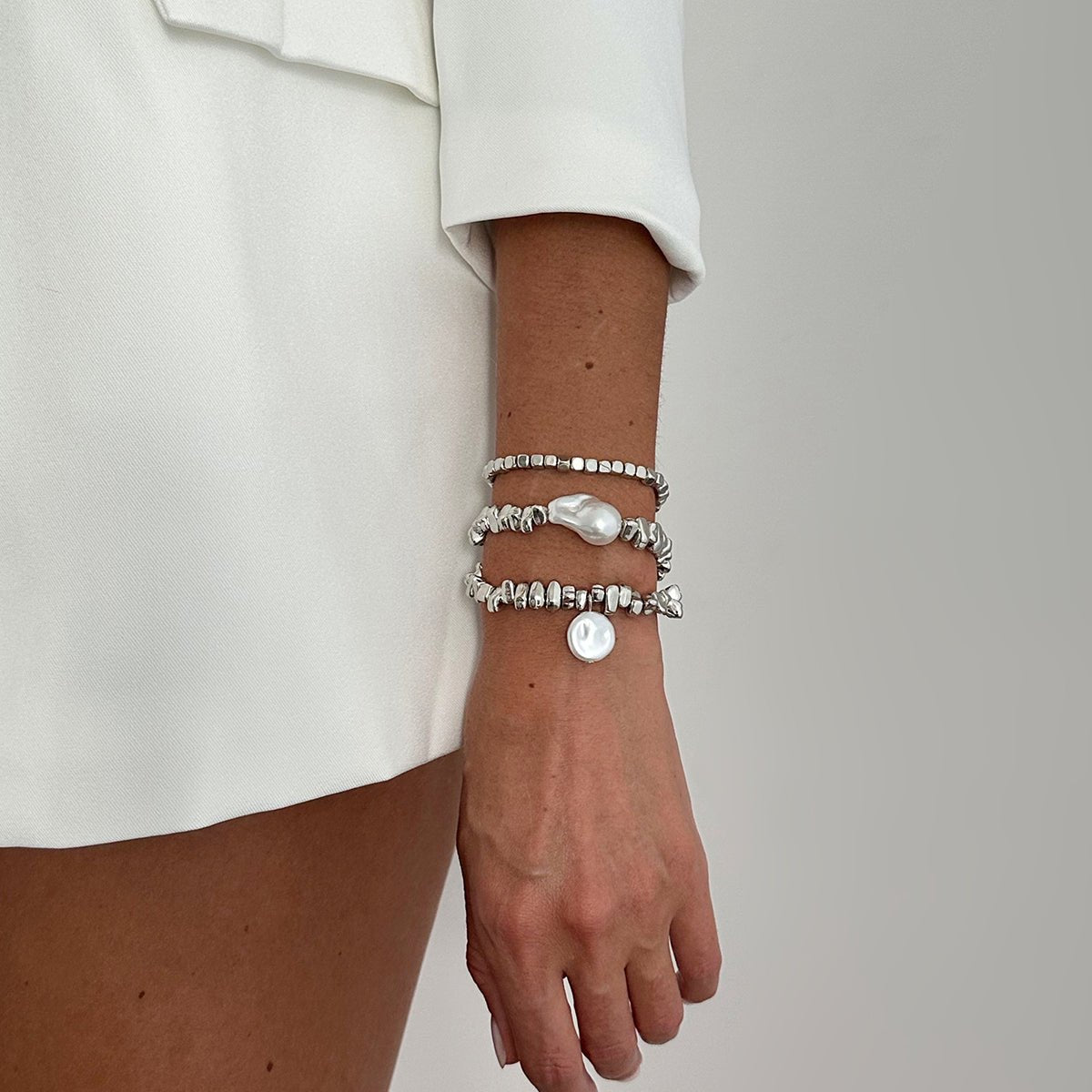 Silver Tone Pearl Bracelet Set Irregular Square Beaded Charm - ArtGalleryZen