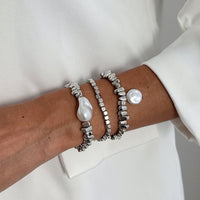 Thumbnail for Silver Tone Pearl Bracelet Set Irregular Square Beaded Charm - ArtGalleryZen