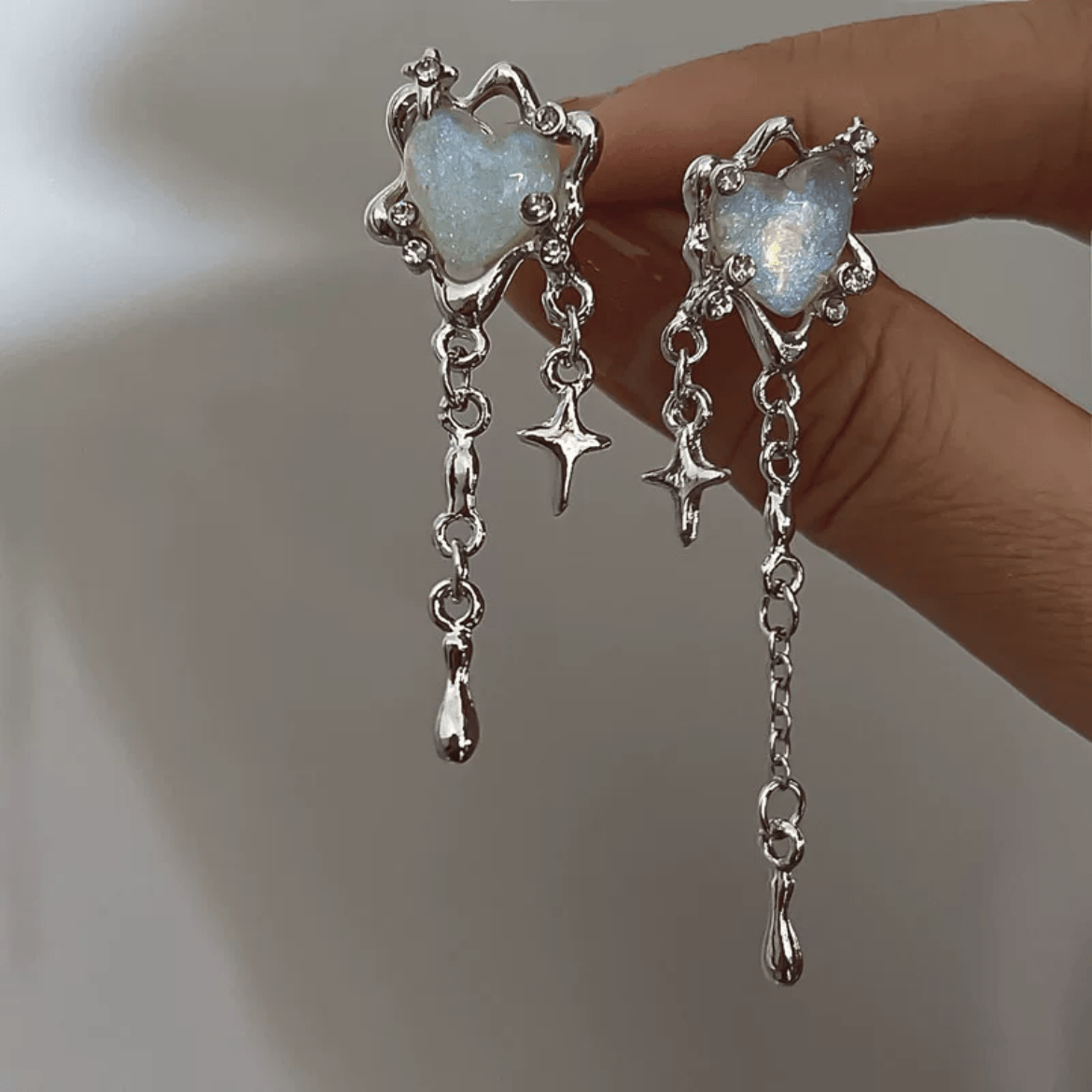 Sparkling Irregular Heart Star Tassel Chain Earrings - ArtGalleryZen