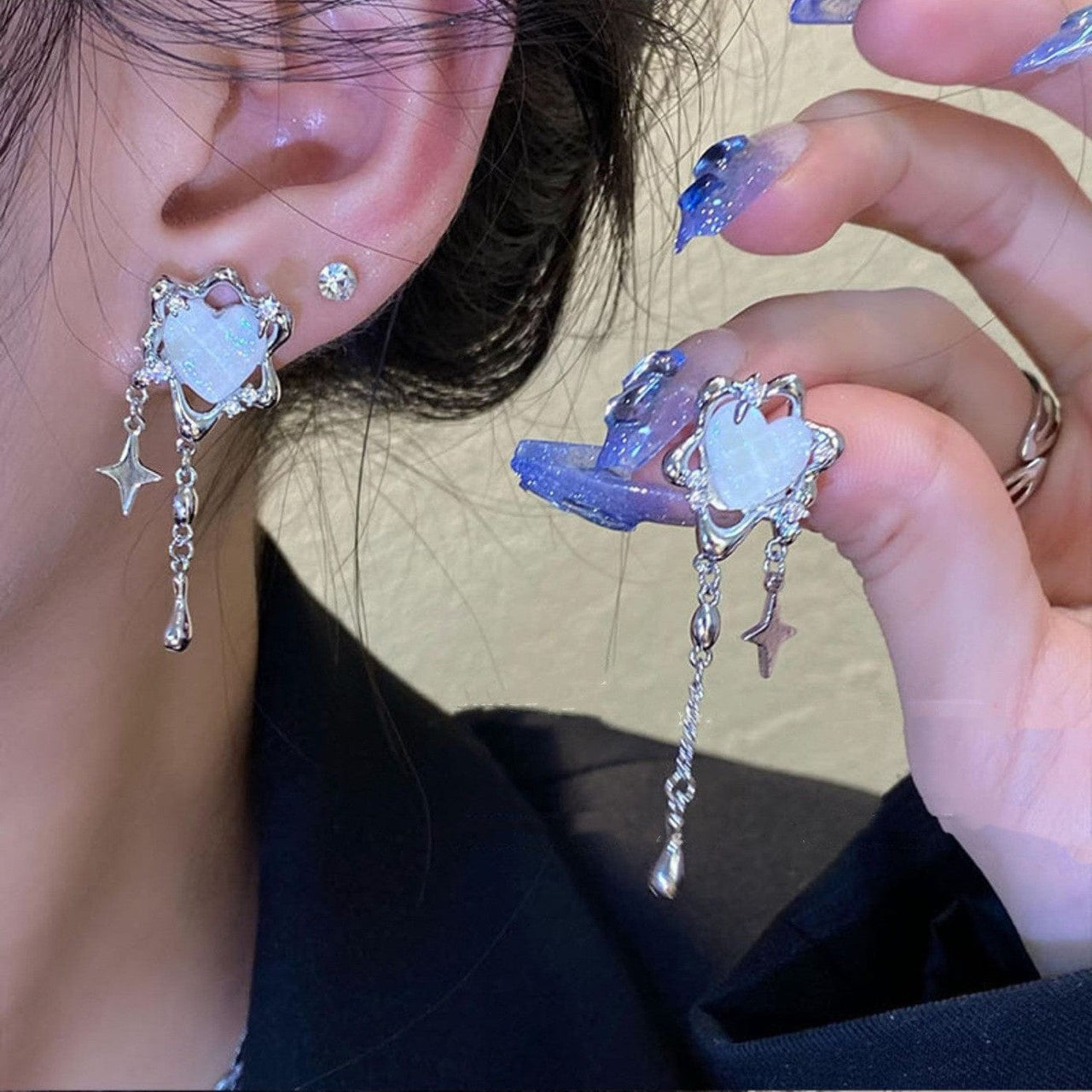 Sparkling Irregular Heart Star Tassel Chain Earrings