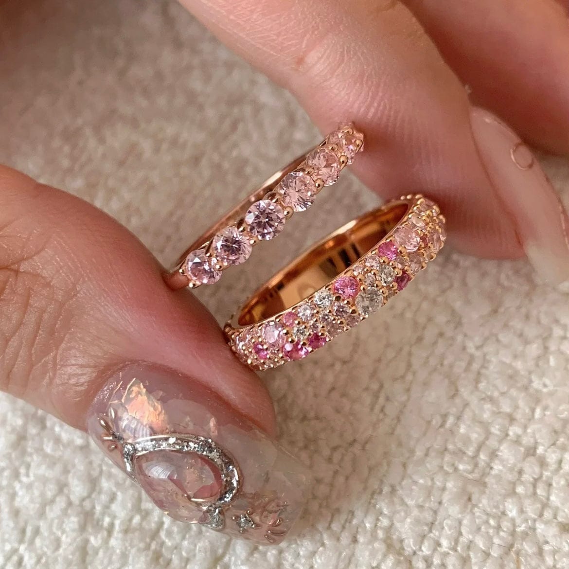 Sparkling Pink CZ Inlaid Rose Gold Plated Stackable Ring Set - ArtGalleryZen