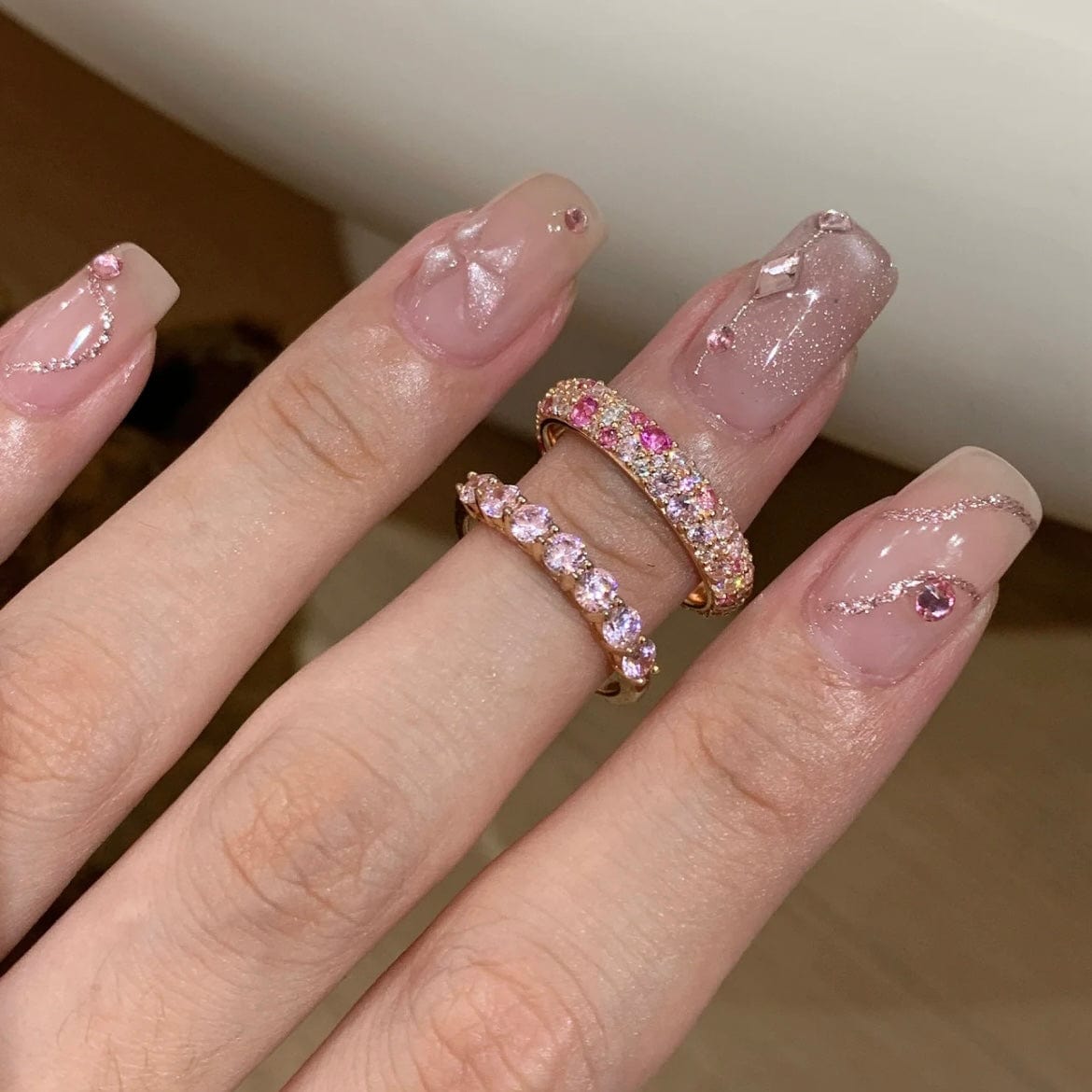 Sparkling Pink CZ Inlaid Rose Gold Plated Stackable Ring Set