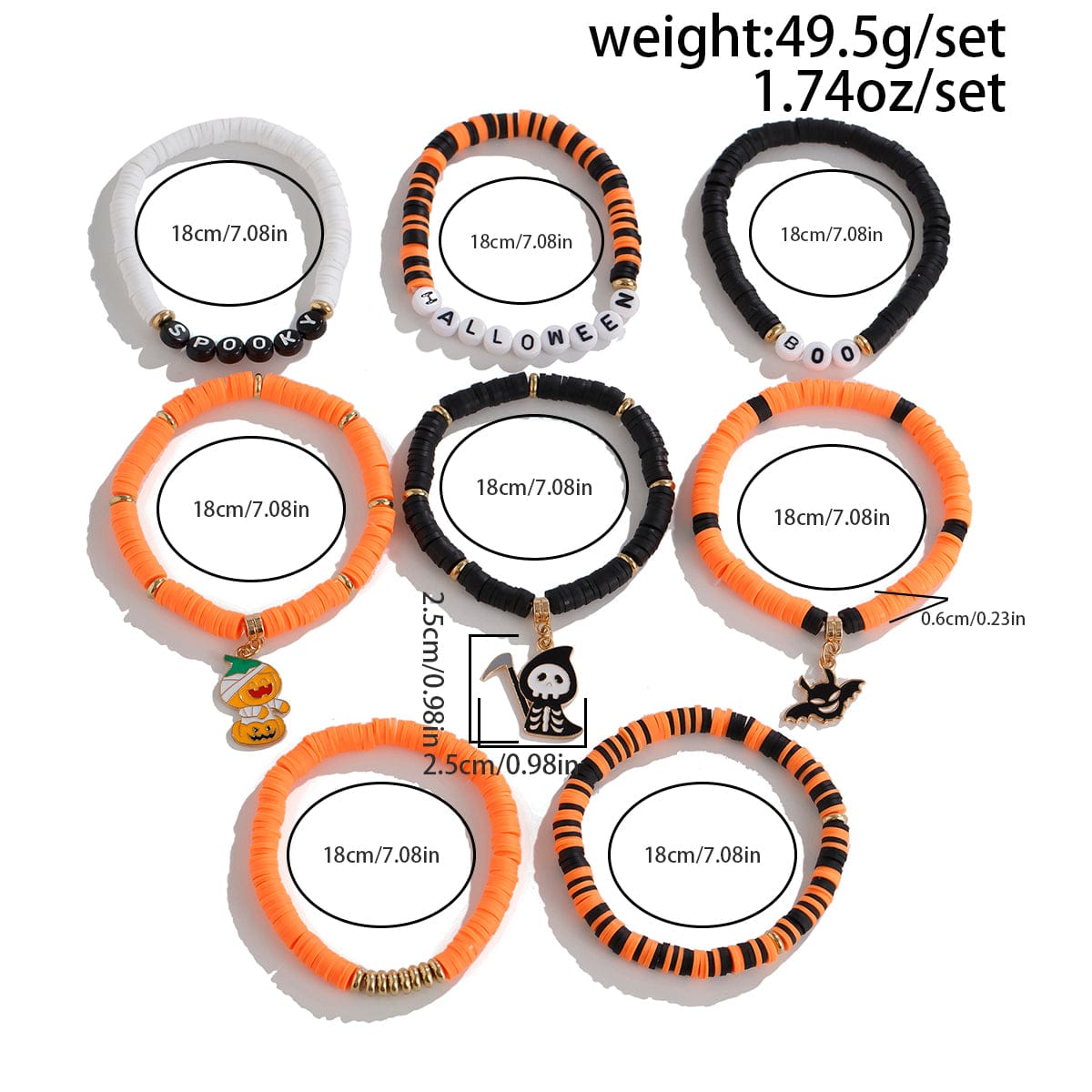 Spooky 8Pcs Halloween Bat Skeleton Pumpkin Charm Letter Beaded Bracelet Set - ArtGalleryZen