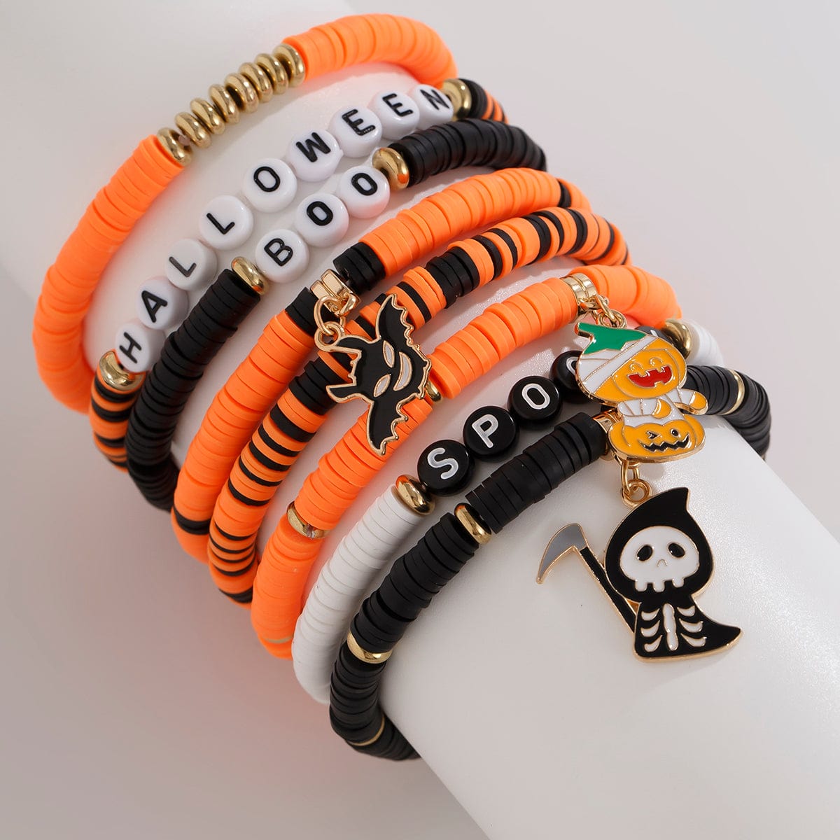 Spooky 8Pcs Halloween Bat Skeleton Pumpkin Charm Letter Beaded Bracelet Set - ArtGalleryZen