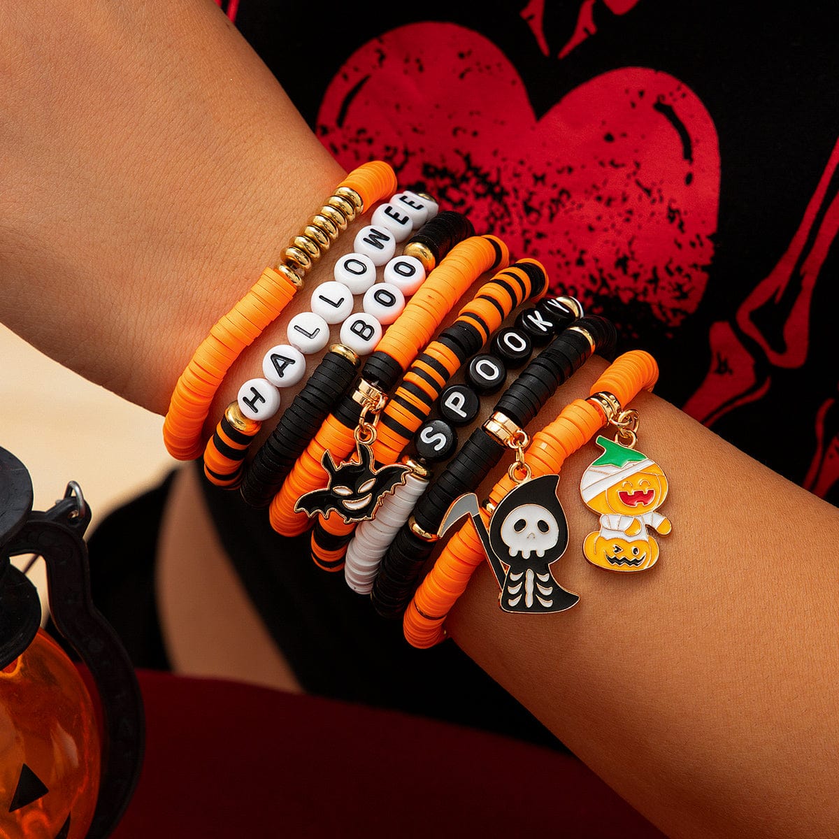 Spooky 8Pcs Halloween Bat Skeleton Pumpkin Charm Letter Beaded Bracelet Set - ArtGalleryZen