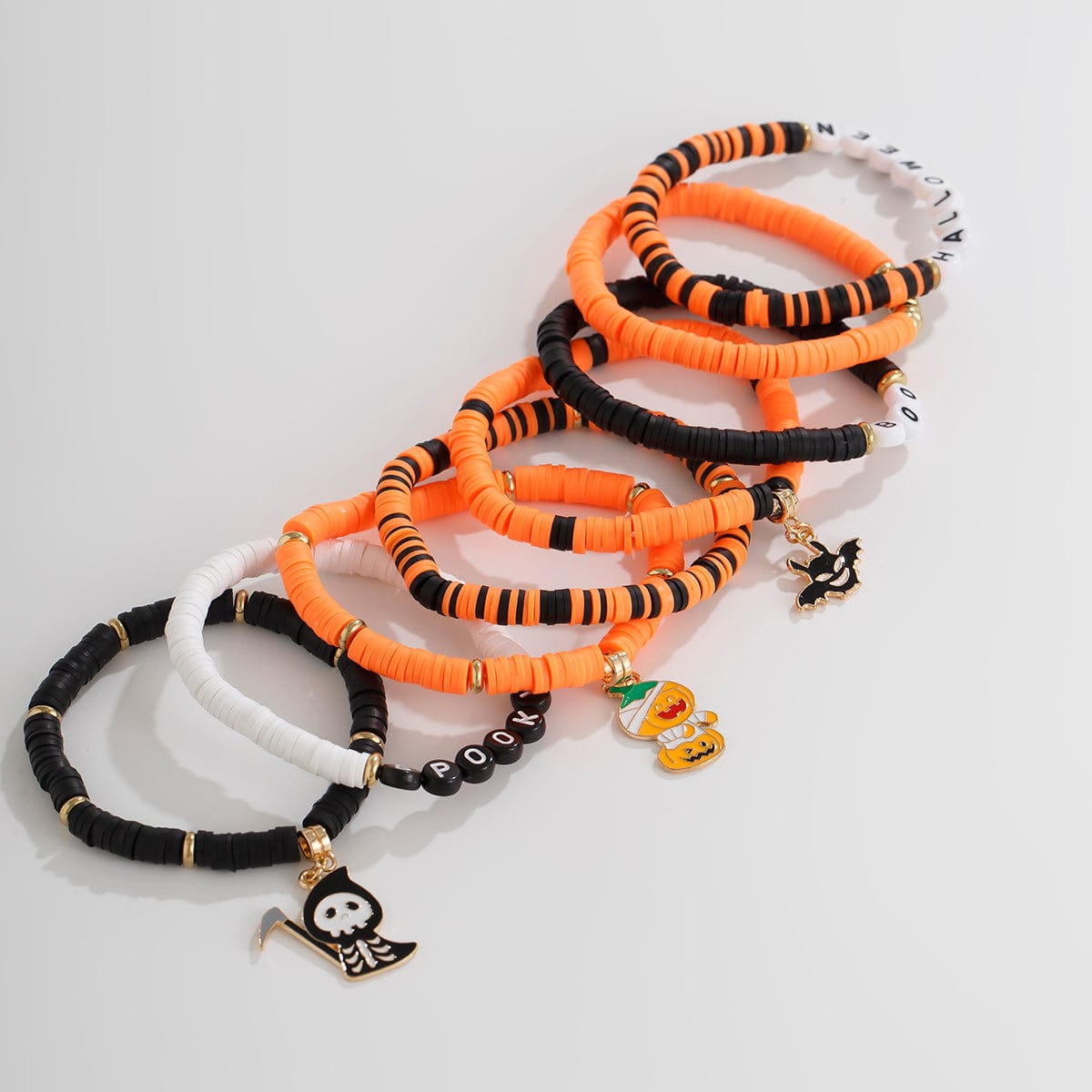 Spooky 8Pcs Halloween Bat Skeleton Pumpkin Charm Letter Beaded Bracelet Set