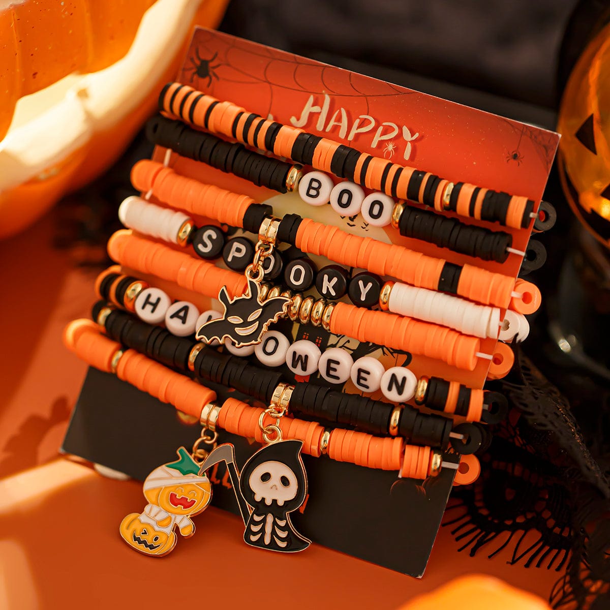 Spooky 8Pcs Halloween Bat Skeleton Pumpkin Charm Letter Beaded Bracelet Set