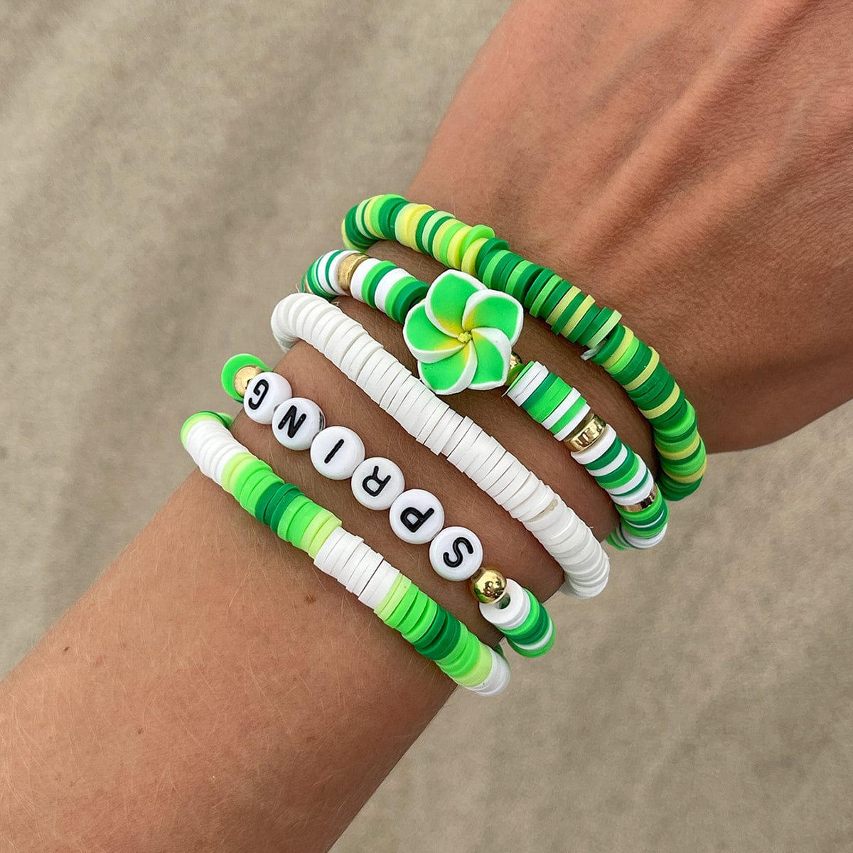 Spring Themed Flower Letter Polymer Clay Beaded Bracelet Set - ArtGalleryZen