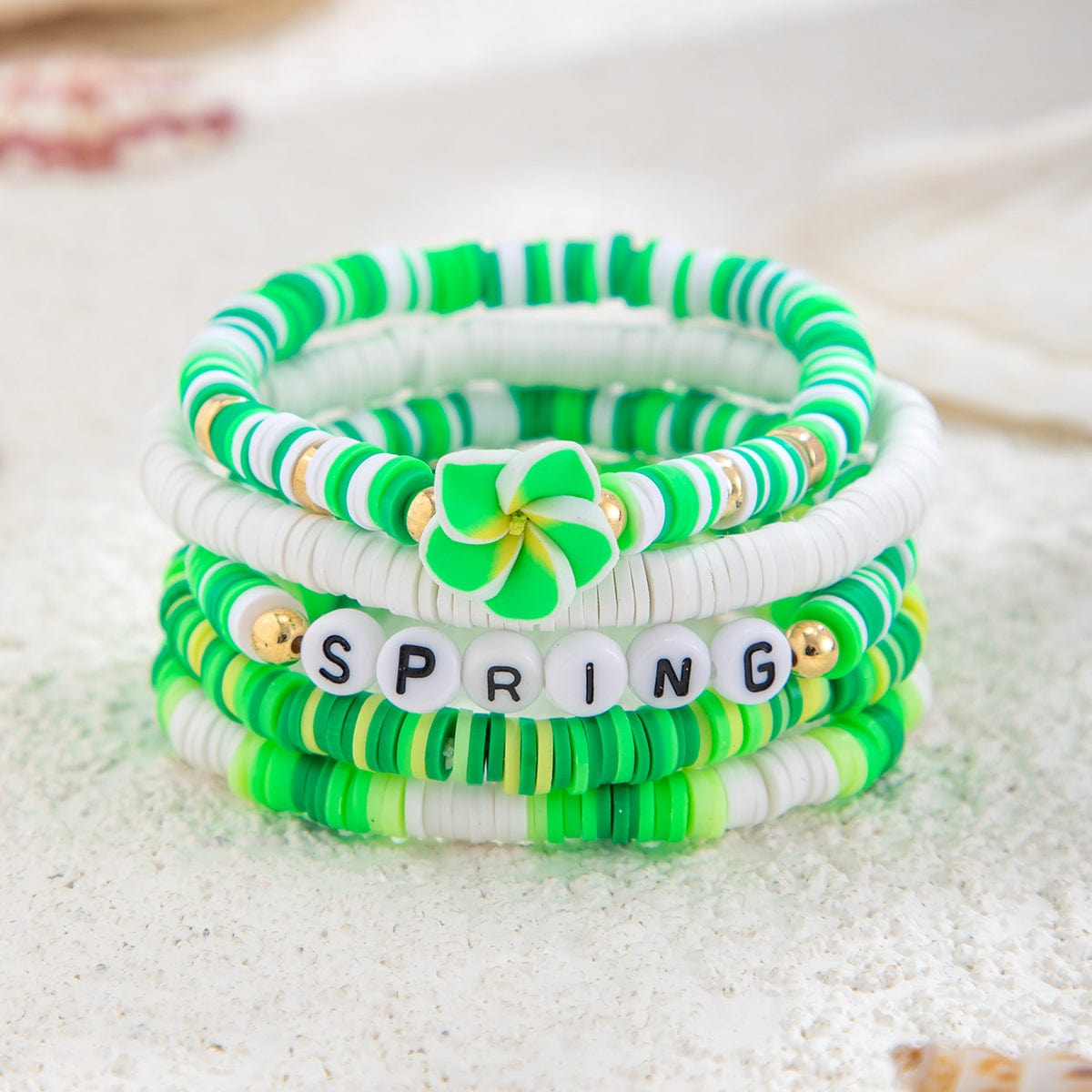 Spring Themed Flower Letter Polymer Clay Beaded Bracelet Set - ArtGalleryZen