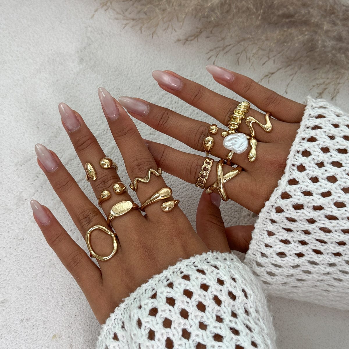 Stylish 12pcs Irregular Pearl Waterdrop Hollow Curved Ring Set - ArtGalleryZen