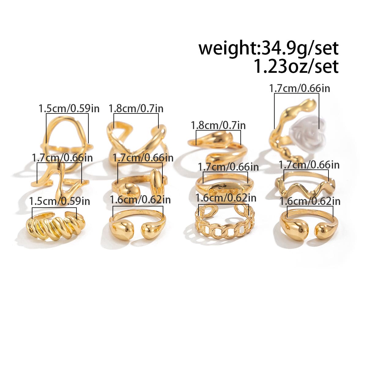 Stylish 12pcs Irregular Pearl Waterdrop Hollow Curved Ring Set - ArtGalleryZen