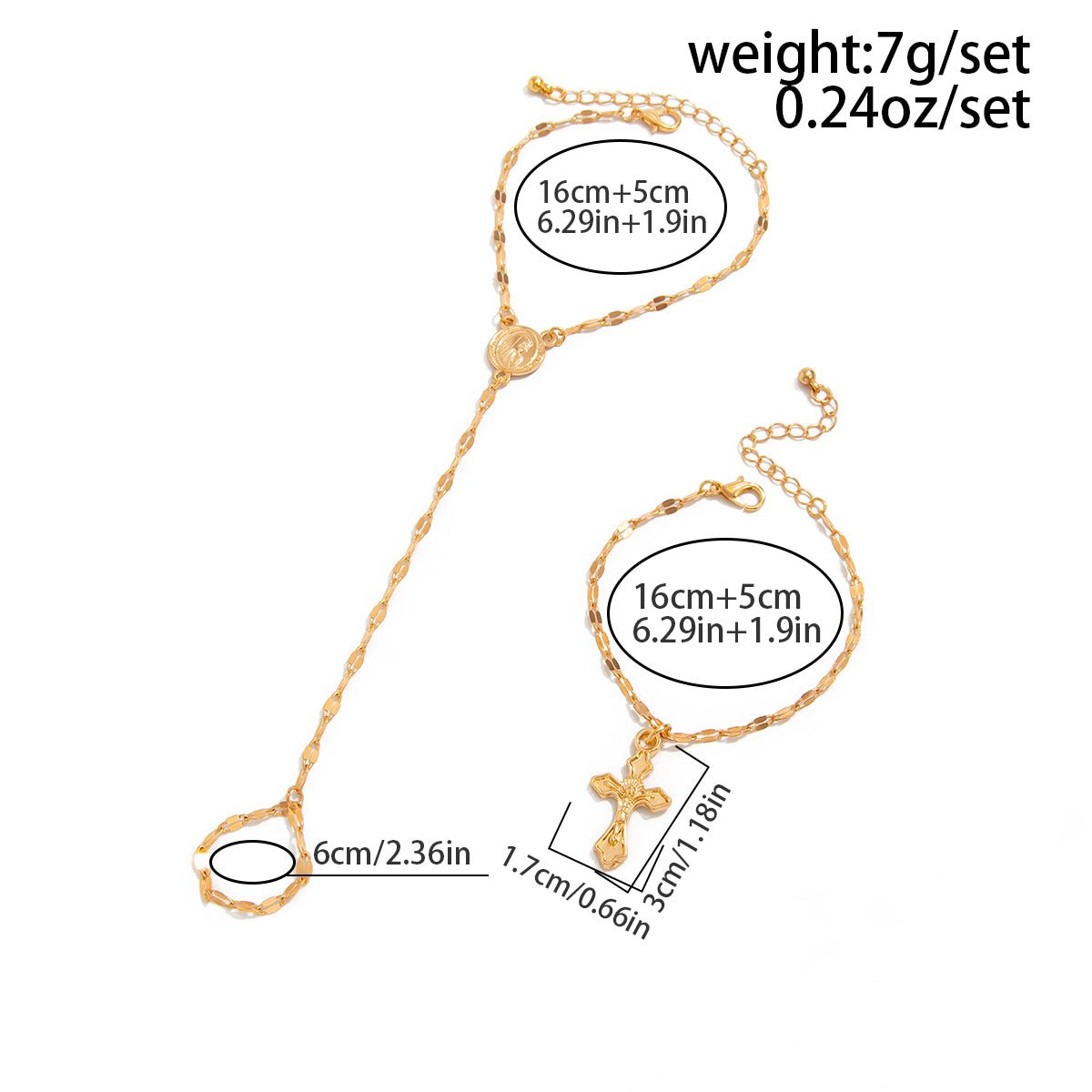 Stylish 2pcs Cross Oval Disk Charm Finger Ring Bracelet Set - ArtGalleryZen