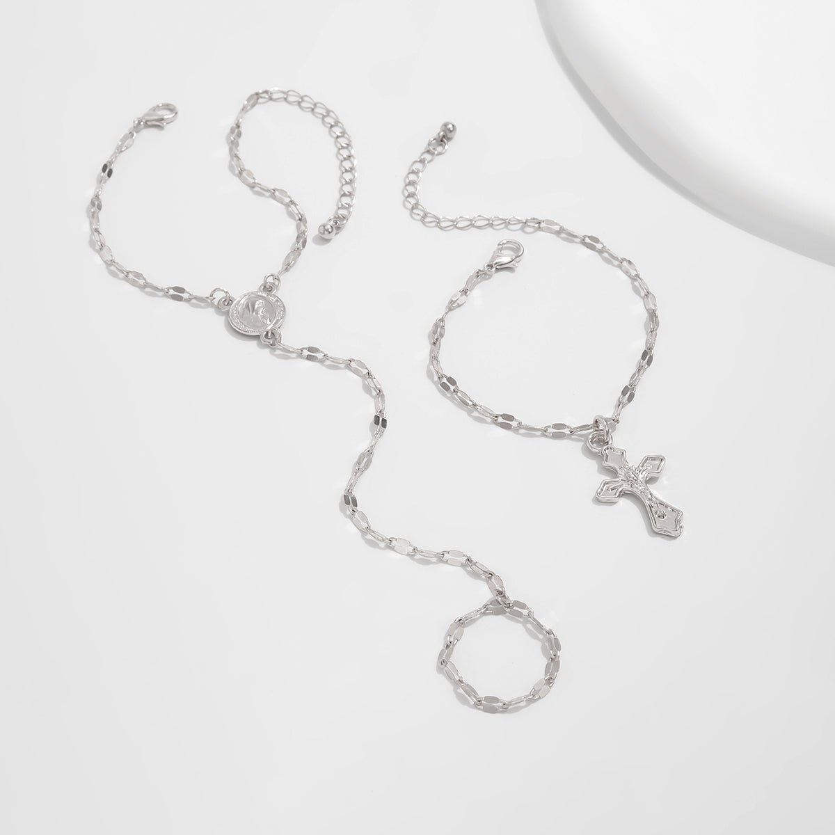 Stylish 2pcs Cross Oval Disk Charm Finger Ring Bracelet Set - ArtGalleryZen