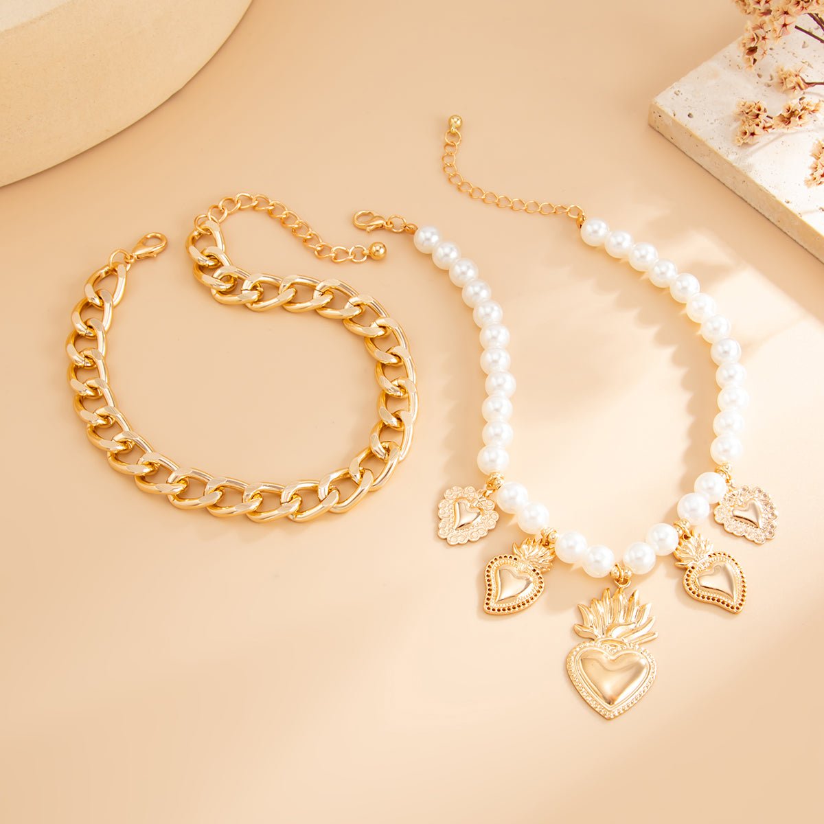 Stylish 2pcs Flame Heart Charm Pearl Chain Anklet Set - ArtGalleryZen