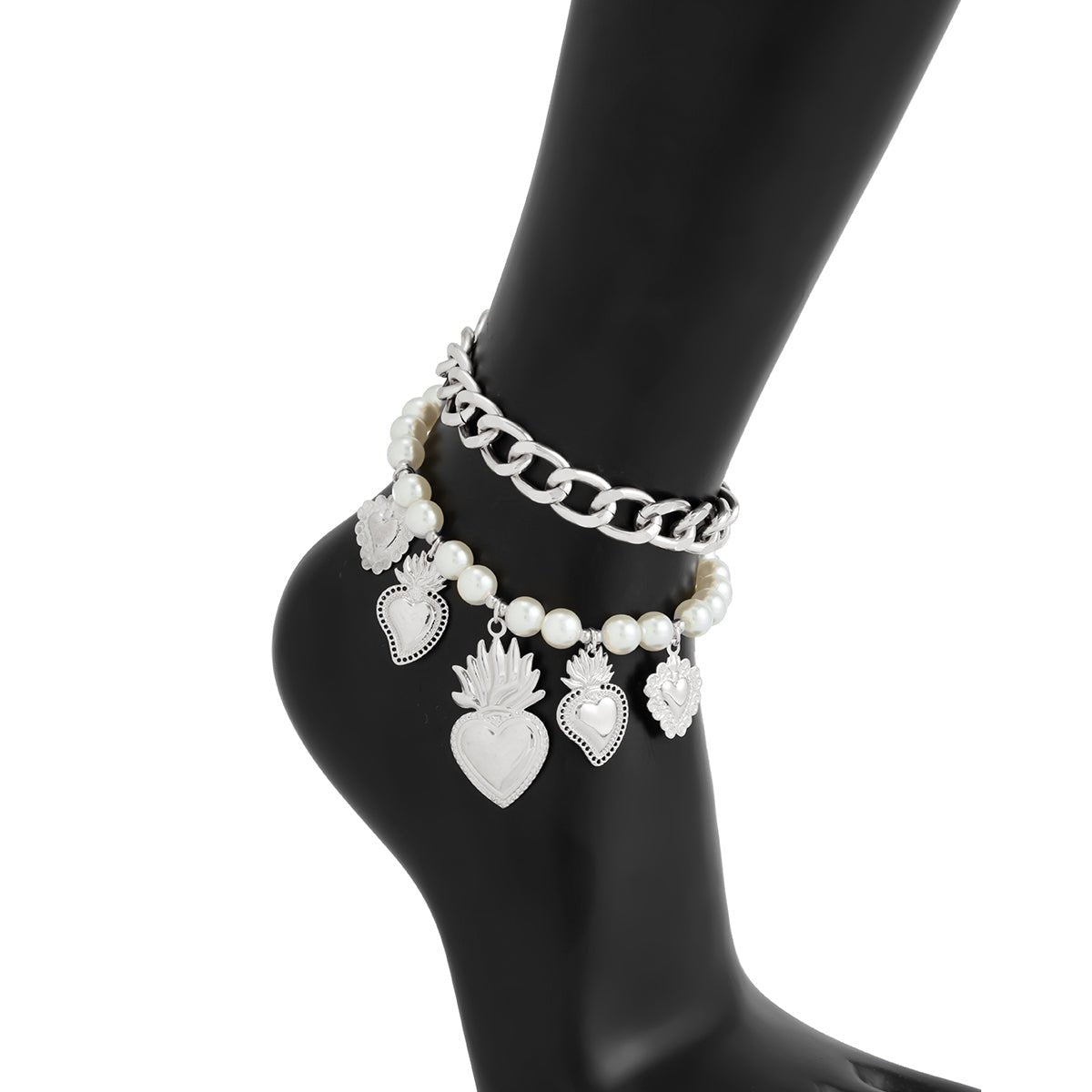 Stylish 2pcs Flame Heart Charm Pearl Chain Anklet Set - ArtGalleryZen