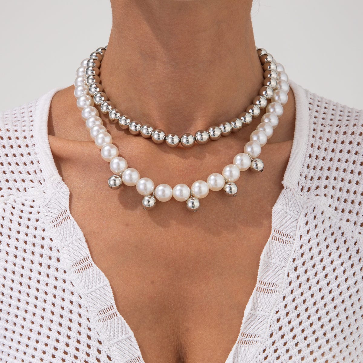 Stylish 2pcs Gold Silver Plated Pearl Chain Necklace Set - ArtGalleryZen