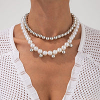 Thumbnail for Stylish 2pcs Gold Silver Plated Pearl Chain Necklace Set - ArtGalleryZen